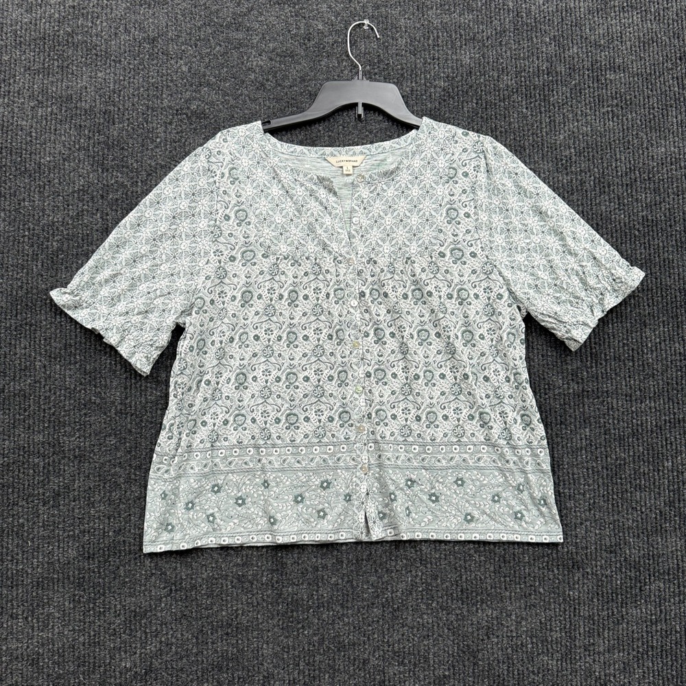 Lucky Brand Floral Blouse Womens L Large Sage Green Boho Button Front Top